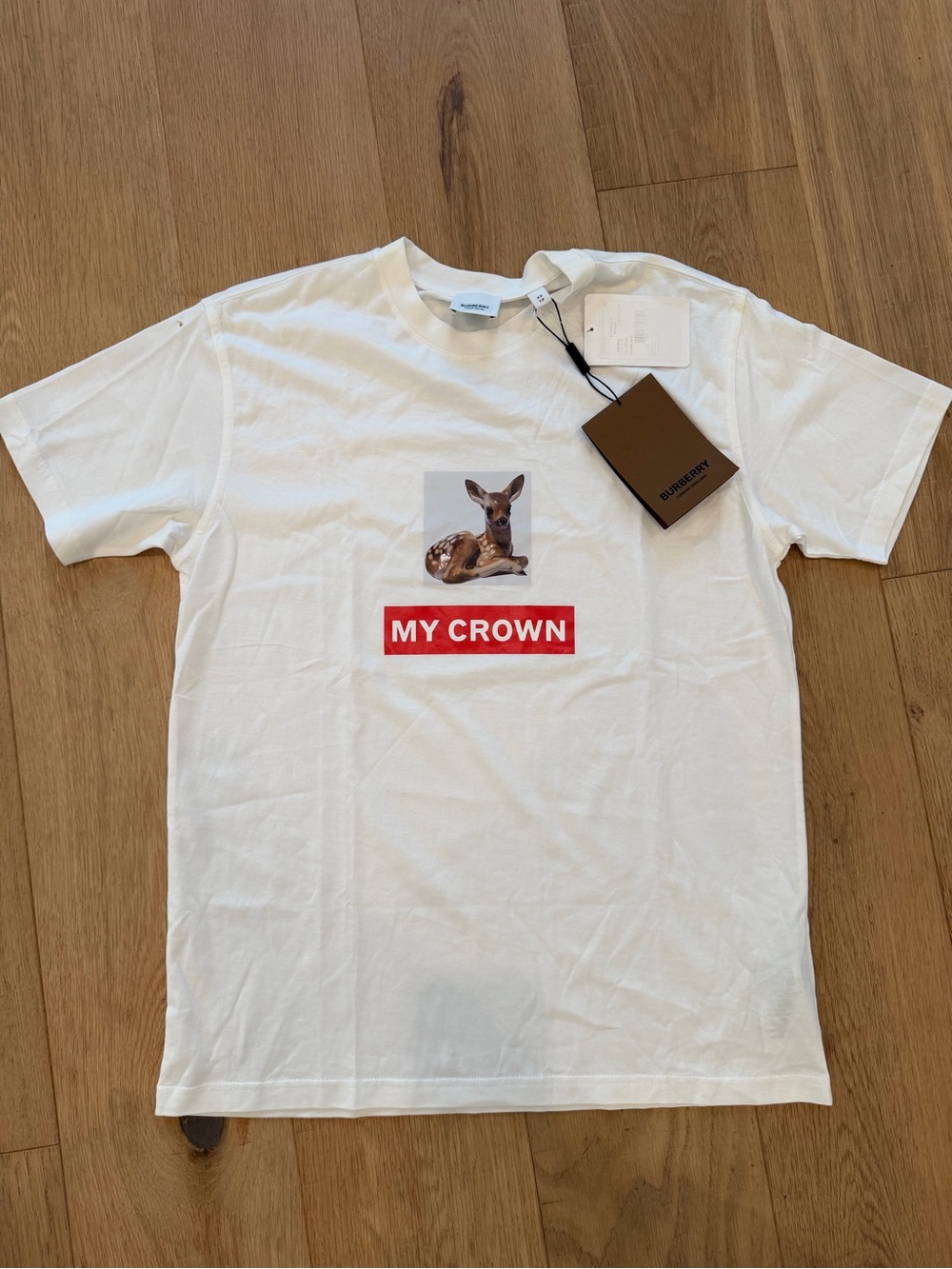 Burberry White Tee with Red 'MY CROWN' Box and Brown Deer Graphic